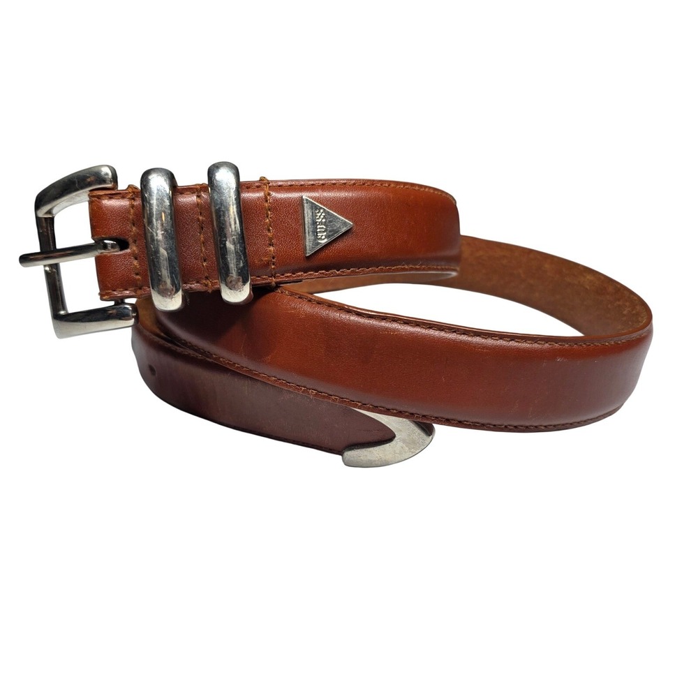 Guess Brown Leather Belt Size 34 Vintage Silver Triangle Logo Western Cognac